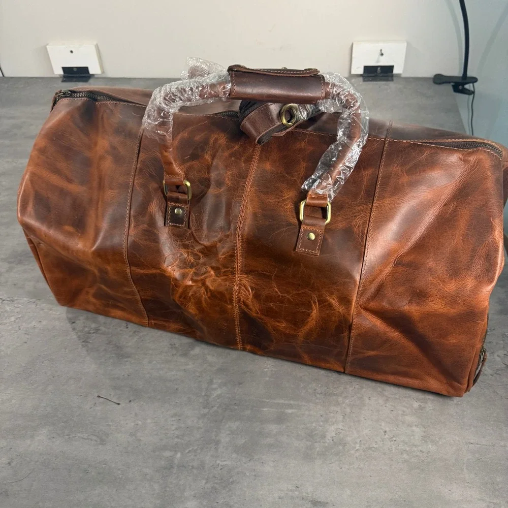 Denver Leather Craft Rio Duffel Men Large Brown Leather Shoe Compartment Travel